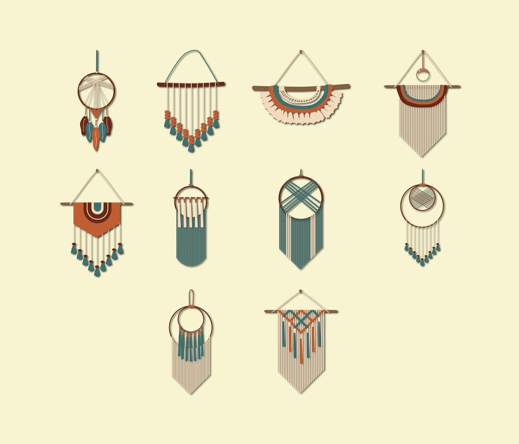 Conjunto de ilustraciones de Macrame colgado estético