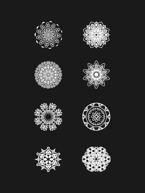 Conjunto de ilustraciones de mandalas blancas con fondo negro