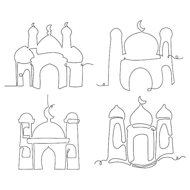 Vector conjunto de ilustraciones de la mezquita dibujo de líneas continuas