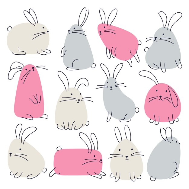 Conjunto de ilustraciones minimalistas de conejitos lindos Perfectos para la Pascua y los diseños infantiles