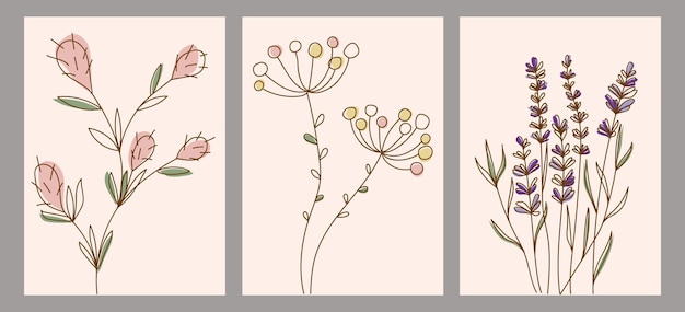 Vector conjunto de ilustraciones minimalistas creativas pintadas a mano con flores y hojas decorativas para postal, cartel, cartel, folleto, portada, designx9