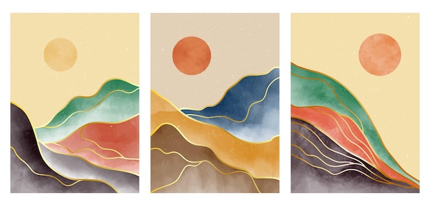Conjunto de ilustraciones minimalistas creativas pintadas a mano de mediados de siglo moderno. fondo de paisaje abstracto natural. montaña, bosque, mar, cielo, sol y río