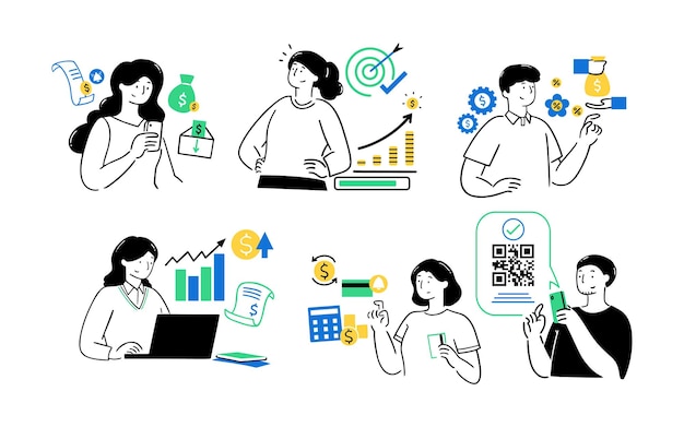 Conjunto de ilustraciones modernas de gestión financiera dibujadas a mano que representan el presupuesto de crecimiento de la inversión