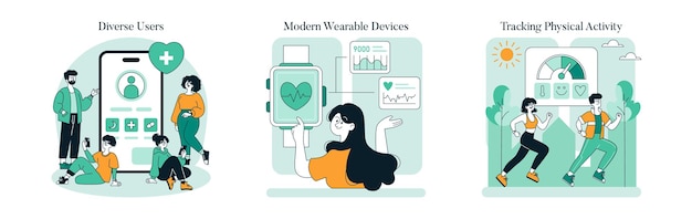 El conjunto de ilustraciones de monitoreo de bienestar que muestran las características de seguimiento de la salud en dispositivos portátiles para diferentes