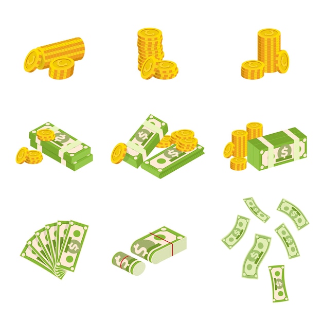 Conjunto de ilustraciones de montones de dinero Billetes de papel en efectivo y pilas de monedas de oro elementos de diseño aislados de crecimiento del presupuesto empresarial bancario