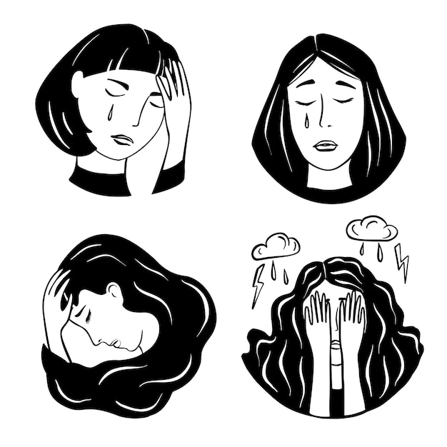 Vector conjunto de ilustraciones de mujeres llorando sintiéndose infelices deprimidas ansiedad depresión estrés heada