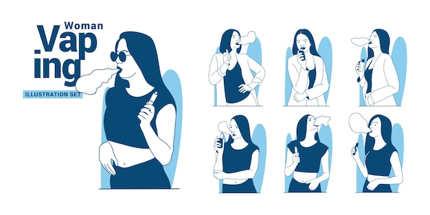Conjunto de ilustraciones de mujeres vapeando un cigarrillo electrónico