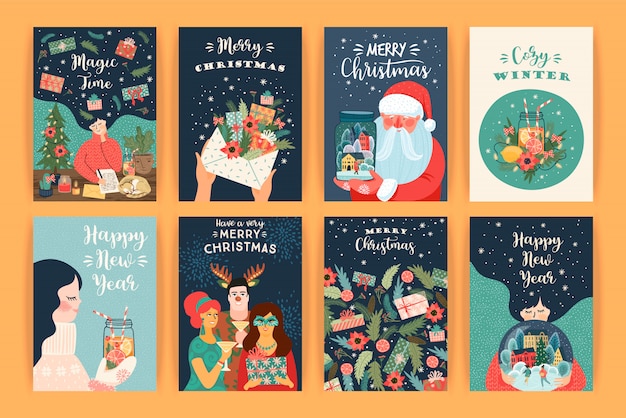 Conjunto de ilustraciones de Navidad y feliz año nuevo. Plantillas de diseño vectorial.