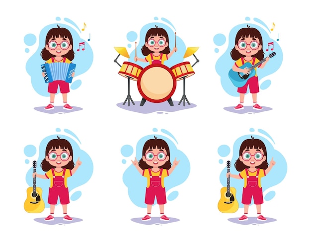 Conjunto de ilustraciones de una niña tocando música