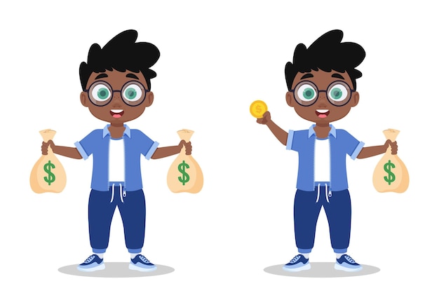 Conjunto de ilustraciones de un niño con dinero