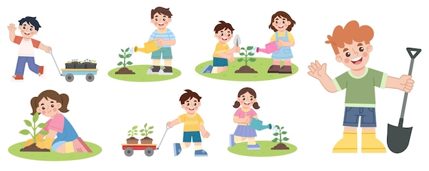 Conjunto de ilustraciones de niños felices en la jardinería