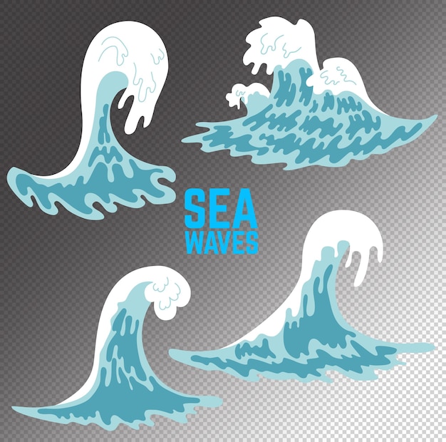 Vector conjunto de ilustraciones de olas del mar. elementos de diseño para carteles, tarjetas, pancartas, folletos, emblemas.