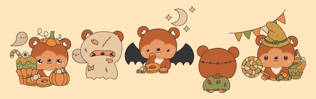 Conjunto de ilustraciones de osos de halloween vectoriales colección de animales del bosque de halloween aislados kawaii