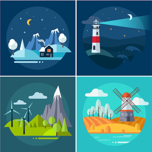 Conjunto de ilustraciones de paisaje de montañas y agua