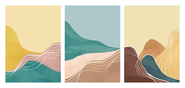 Conjunto de ilustraciones de paisajes de montaña ilustraciones creativas minimalistas pintadas a mano