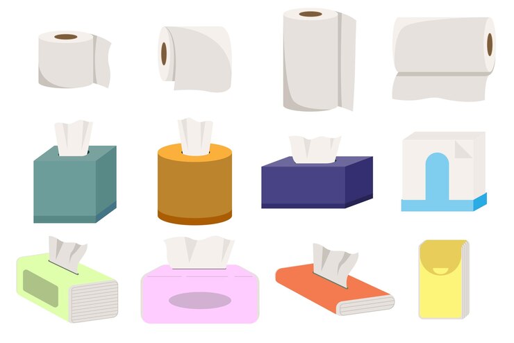 El conjunto de ilustraciones de papeles higiénicos y cajas de pañuelos