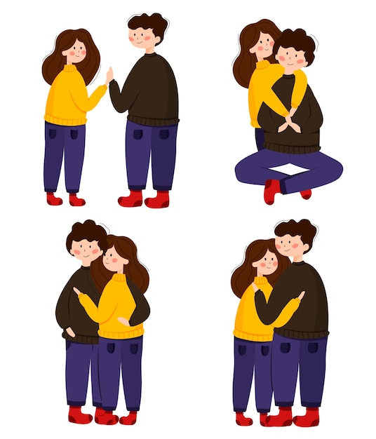 Conjunto de ilustraciones de pareja romántica de chico y chica de cabello oscuro con abrazos y besos
