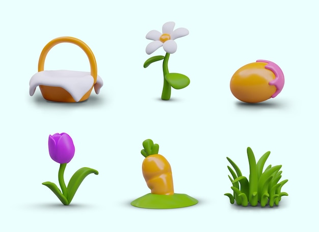 Conjunto de ilustraciones de Pascua en estilo de dibujos animados coloridos iconos de vacaciones