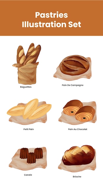 Conjunto de ilustraciones de pasteles y pan
