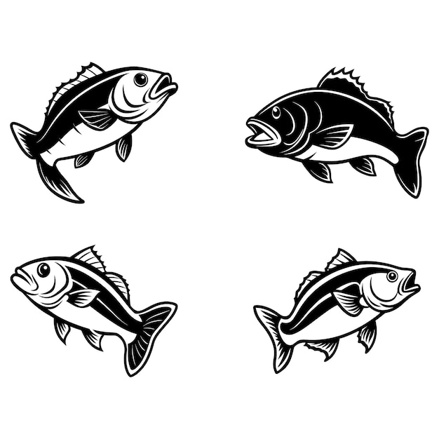 Conjunto de ilustraciones de peces siluetas de bajo en blanco y negro