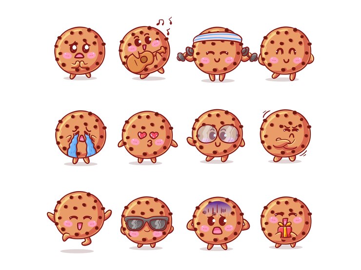 Conjunto de ilustraciones de pegatinas de galletas con chispas de chocolate lindo y Kawaii con diversas actividades y expresiones para la mascota