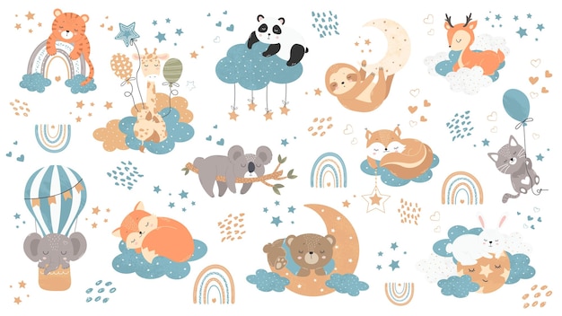 Vector conjunto de ilustraciones con pequeños animales durmiendo exóticos y habitantes del bosque para niños vector