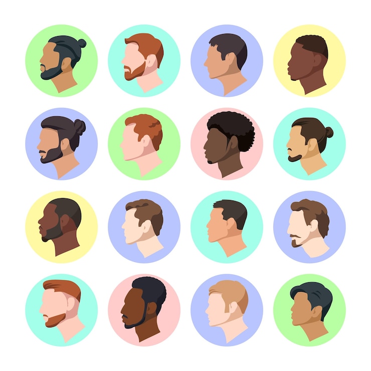 Vector conjunto de ilustraciones de perfiles masculinos de nacionalidad caucásica y asiática y también afroamericana