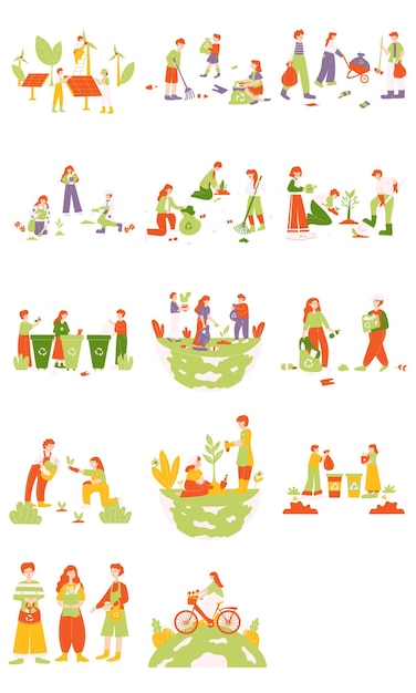 Vector conjunto de ilustraciones de personajes del día mundial del medio ambiente