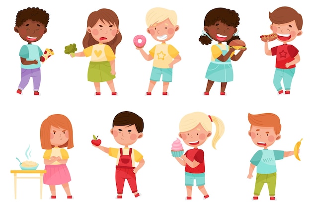 Conjunto de ilustraciones de personajes infantiles que muestran gustos y aversiones hacia diferentes vectores de alimentos