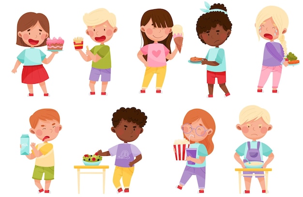 Conjunto de ilustraciones de personajes infantiles que muestran gustos y aversiones hacia diferentes vectores de alimentos