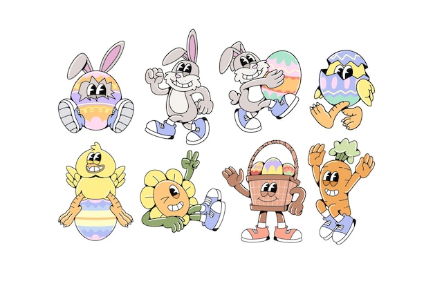 Conjunto de ilustraciones de personajes de la mascota de Pascua retro