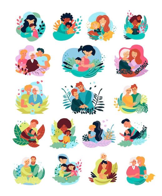 Vector conjunto de ilustraciones con personas abrazándose.
