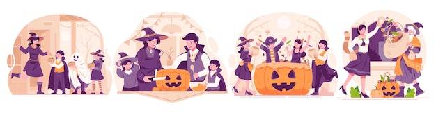 Conjunto de ilustraciones de personas disfrazadas con varios disfraces de Halloween para celebrar Halloween