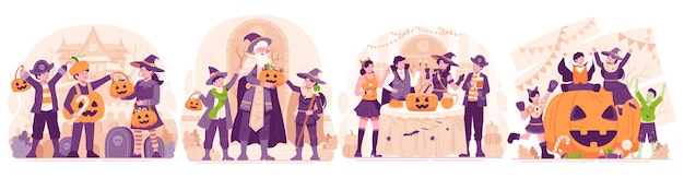 Conjunto de ilustraciones de personas disfrazadas con varios disfraces de Halloween para celebrar Halloween