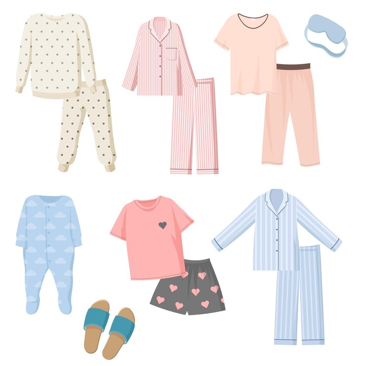 Vector conjunto de ilustraciones de pijamas de dibujos animados para niños y adultos.