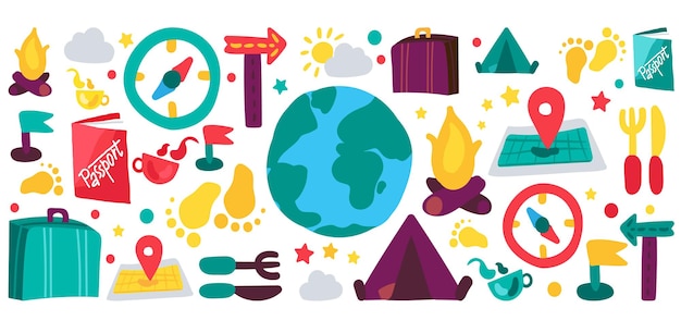 Conjunto de ilustraciones planas de camping y viajes.