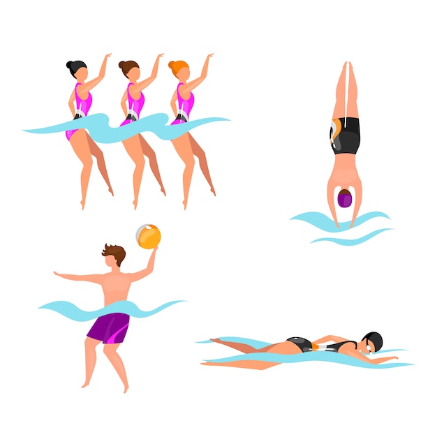 Conjunto de ilustraciones planas de deportes acuáticos extremos. atletas de natación sincronizados. hombre jugando voleibol en el agua. nadadores en piscina, mar, océano. personajes de dibujos animados aislados de estilo de vida activo