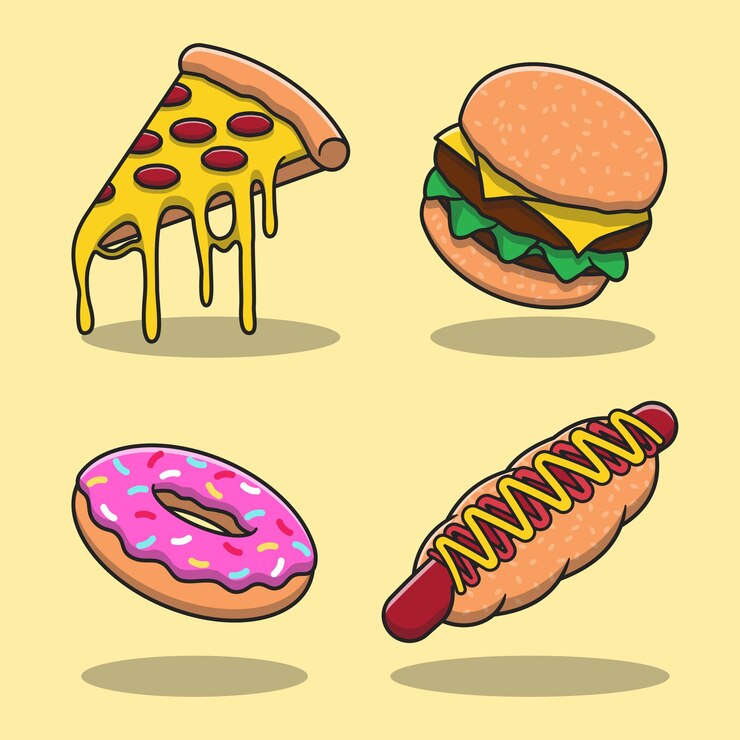 Conjunto de ilustraciones planas de dibujos animados de comida rápida lindo