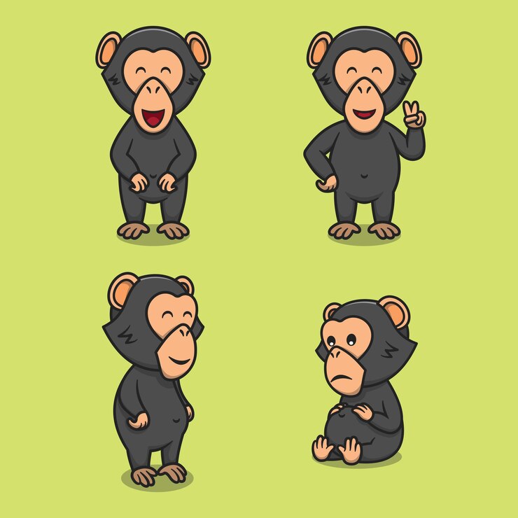 Conjunto de ilustraciones planas de dibujos animados lindo chimpancé