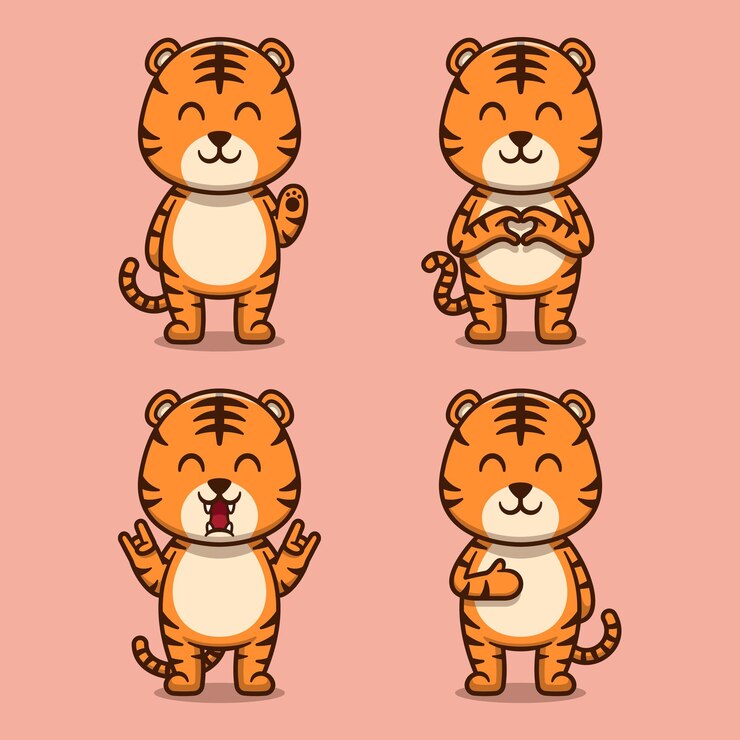 Conjunto de ilustraciones planas de dibujos animados lindo tigre