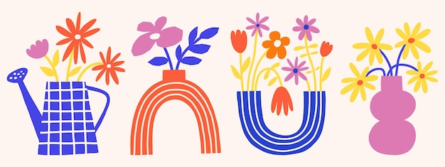 Conjunto de ilustraciones planas florales vectoriales de moda Flores de estilo recortado en jarrones Matisse botánico de verano