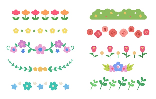 conjunto de ilustraciones planas de fuentes de diseño de decoración floral de diferentes tipos de flores