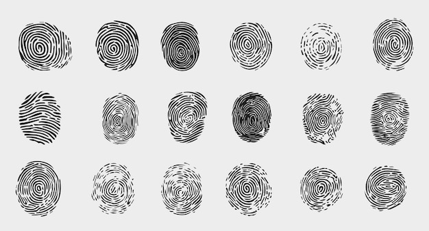 Conjunto de ilustraciones planas de huellas dactilares detalladas en negro