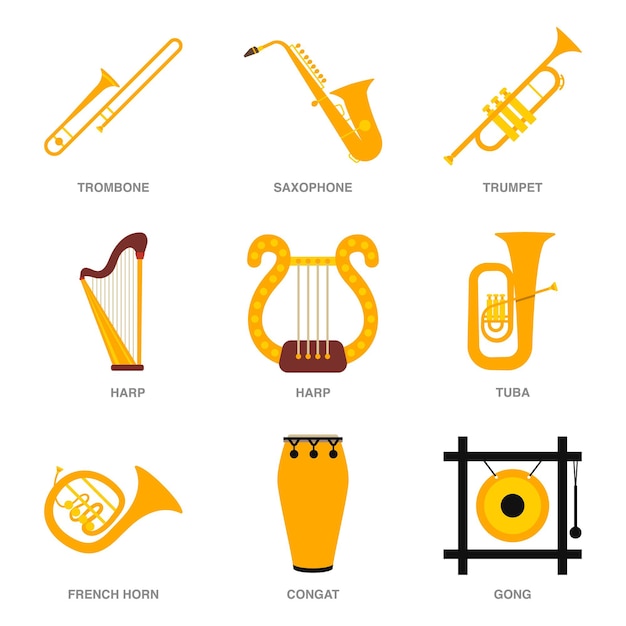 Conjunto de ilustraciones planas de instrumentos musicales.