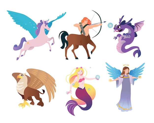 Conjunto de ilustraciones planas de monstruos griegos antiguos