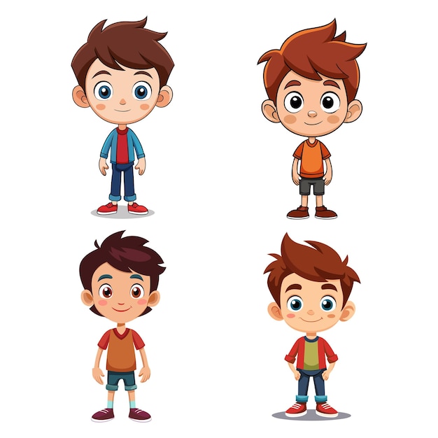 Conjunto de ilustraciones planas de un niño de dibujos animados con diferentes estilos de ropa y peinados.