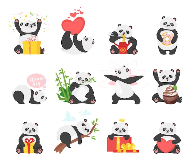 Conjunto de ilustraciones planas de pandas lindos. Fauna asiática kawaii con cajas de regalo de año nuevo. Adorable paquete de personajes de dibujos animados de osos chinos. Animales divertidos con diferentes alimentos aislados sobre fondo blanco