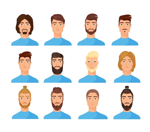Conjunto de ilustraciones planas de rostros masculinos. Paquete de personajes de dibujos animados hombres. Concepto de cambio de apariencia de moda. Retratos de personas, colección de cliparts sobre fondo blanco dibujo aislado.