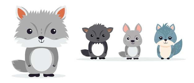 Conjunto de ilustraciones planas de simpáticos animales de dibujos animados sobre un fondo blanco Lobo gris estilizado