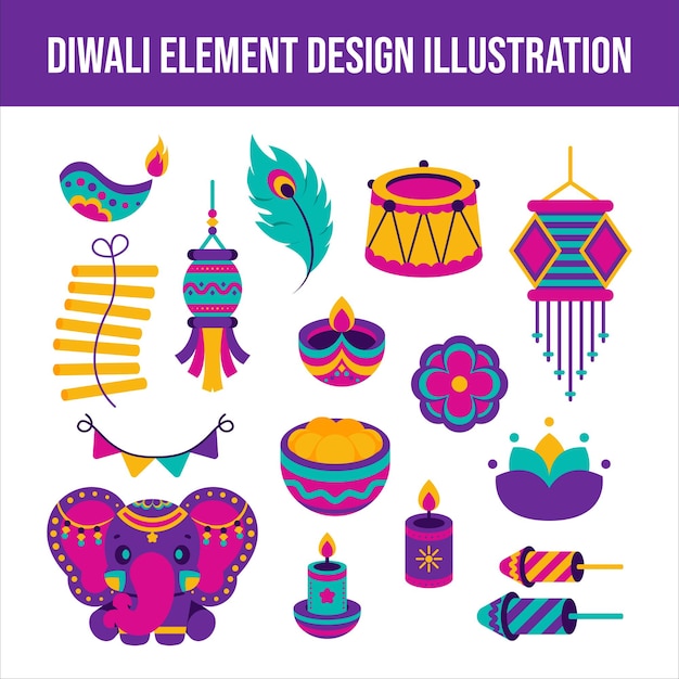 Conjunto de ilustraciones planas de vectores de elementos de Diwali